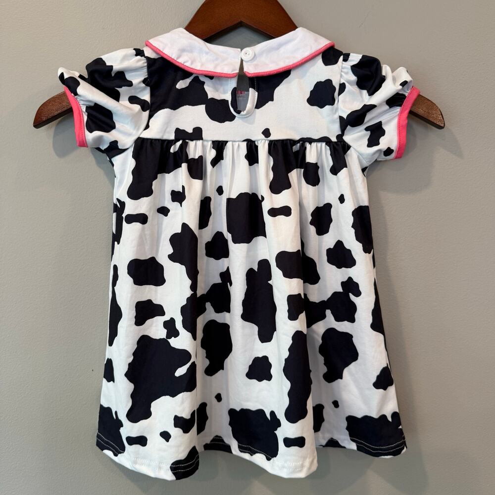 Kories Closet Cow Print Dress Spotted Embroidered Pink Ruffle Trim‎ Sz 12 18 Mos - Picture 2 of 11